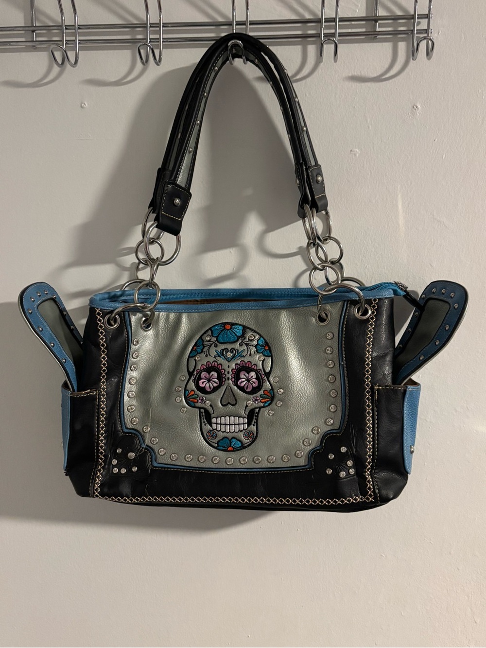 Sugar Skull Rhinestone Black Blue Western Shoulder Handbag Purse